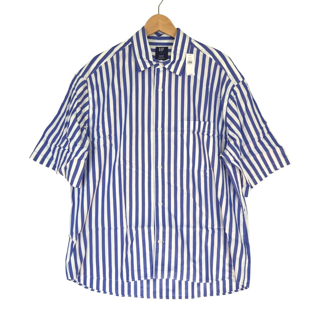 Gap Big Shirt Blue White Vertical Stripe Organic Cotton Button Down Large NEW
